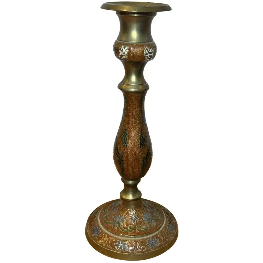 Vintage 70s Brass and Enamel Candle Holder